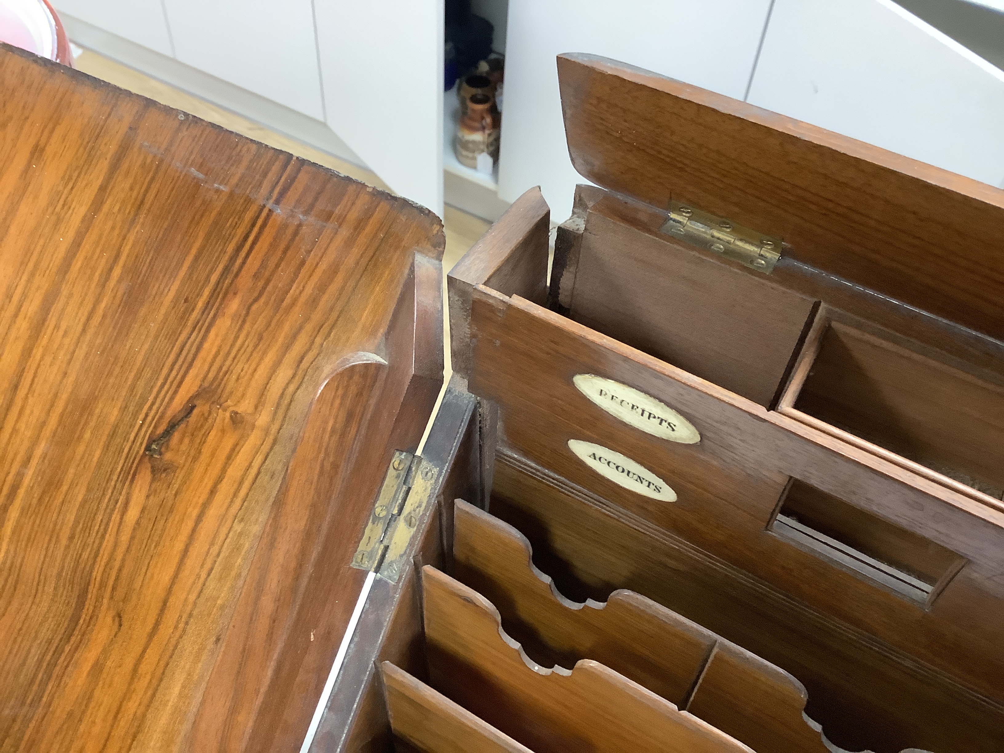 A Victorian walnut stationery box with pull out writing slope, ivory labels, 41cm wide CITES Submission reference PHGK9A82